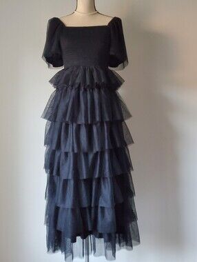 Baltic Born Elegant Black Tiered Tulle Maxi Dress